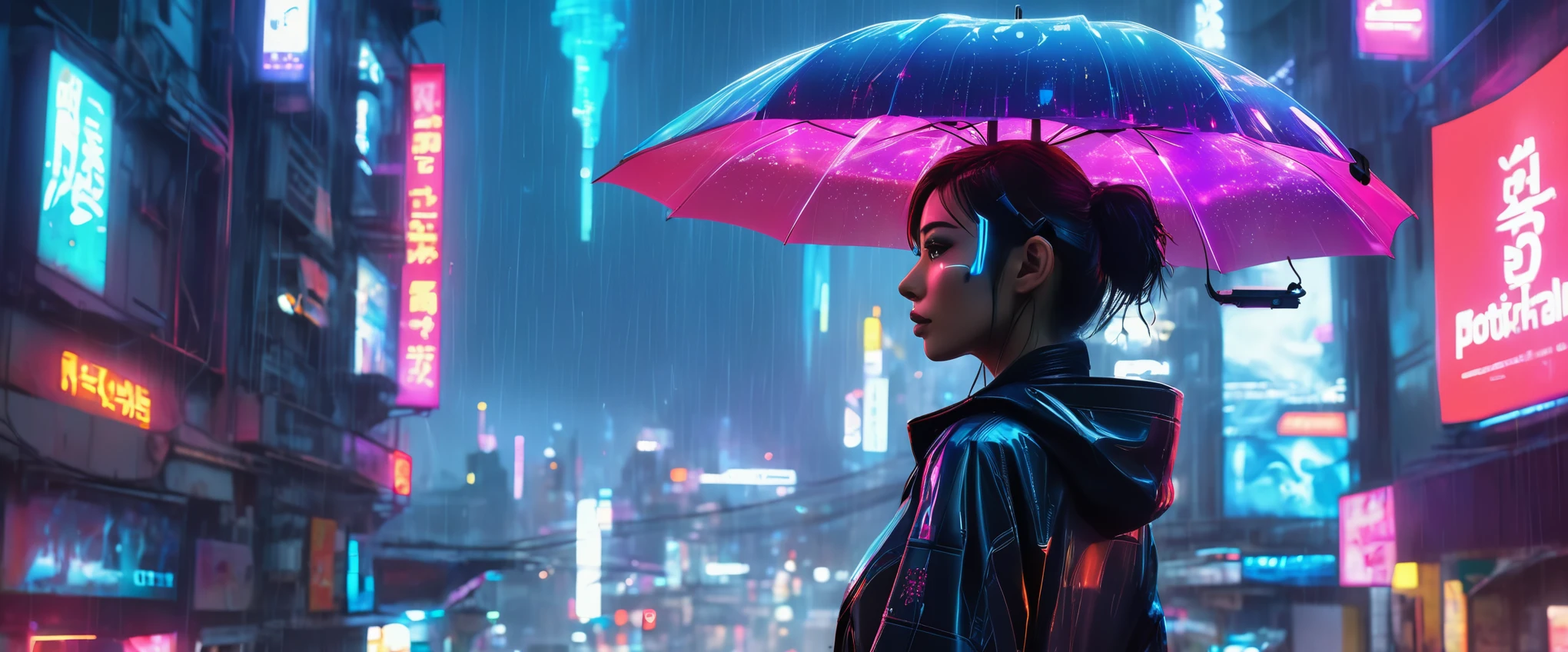 View from the rooftop with a woman and a cat in a cyberpunk-style nighttime city
(best quality,4k,8k,highres,masterpiece:1.2),ultra-detailed,(realistic,photorealistic,photo-realistic:1.37),HDR,UHD,studio lighting,ultra-fine painting,sharp focus,physically-based rendering,extreme detail description,professional,vivid colors,bokeh,nighttime cityscape,glowing neon lights,high-tech buildings,visually striking atmosphere,crimson and electric blue color palette,a woman with cybernetic enhancements,her eyes are glowing with neon light and have intricate patterns,cat's fur reflects neon colors,the woman is wearing futuristic sleek clothing with holographic elements and glowing accents,the cat has cybernetic implants and glowing eyes,crowded streets with flying vehicles and holographic ads,a rainy and wet urban environment,the woman and cat are standing on the edge of the rooftop overlooking the city,there are towering holographic billboards showcasing futuristic products and advertisements,people walking with futuristic umbrellas navigating through the rain-soaked streets,a sense of mystery and adventure in the air,cybernetic drones flying above the city capturing surveillance footage,steam rising from the rain-drenched streets,creating a sense of depth and atmosphere in the scene.