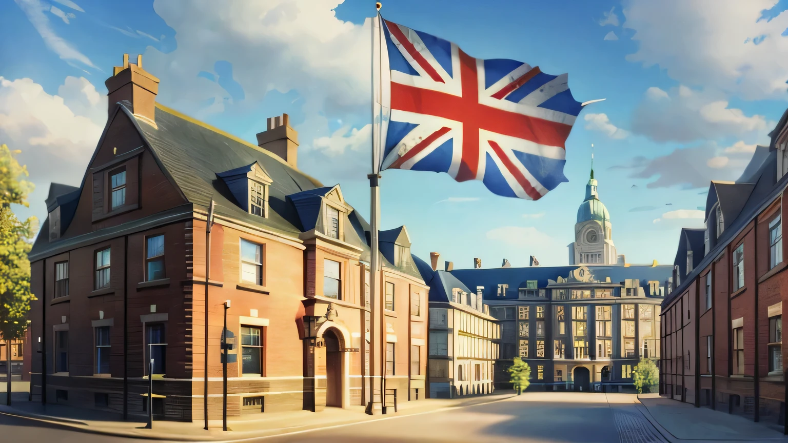 British flag in the distance，Teaching building，beautiful，lifelike