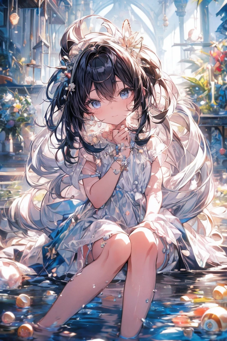 (masterpiece), (highest quality), (Super detailed),(messy hair),(shape), (1 girl), ()detailed and beautiful eyes,delicate beautiful face,floating,(high color saturation),(Pearl Accessories),Pearl Ball Bubble,(shining),focus on face, Sit on a pearl ball, Panty shot
