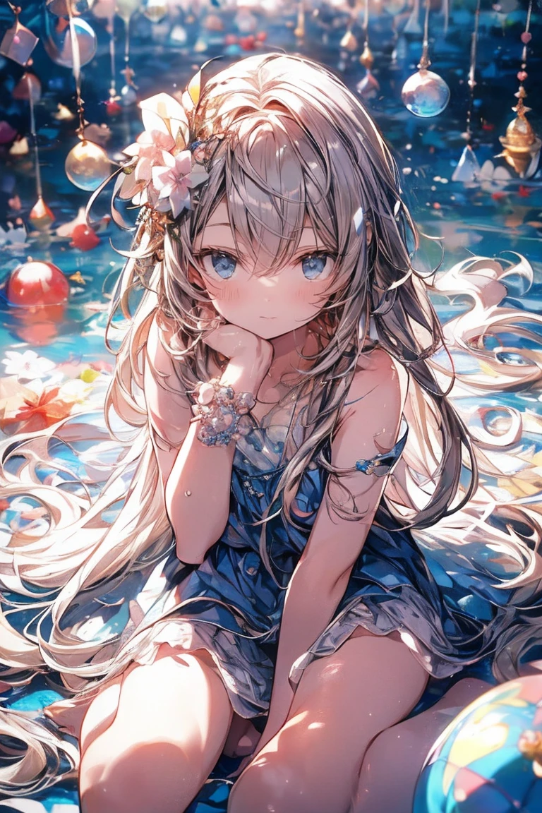 (masterpiece), (highest quality), (Super detailed),(messy hair),(shape), (1 girl), ()detailed and beautiful eyes,delicate beautiful face,floating,(high color saturation),(Pearl Accessories),Pearl Ball Bubble,(shining),focus on face, Sit on a pearl ball, Panty shot