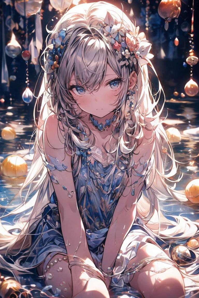 (masterpiece), (highest quality), (Super detailed),(messy hair),(shape), (1 girl), (Kindergarten child)detailed and beautiful eyes,delicate beautiful face,floating,(high color saturation),(Pearl Accessories),Pearl Ball Bubble,(shining),focus on face, Sit on a pearl ball, Panty shot