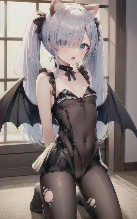 masterpiece,1girl,solo,cat ears,twintails, hair over one eye, demon_wings,small breasts, blue_eyes, blush,open mouth, low wings, torn legwear, (kneeling:1.3),bound arms, ((bondage)),shibari,rope,(arms behind back:1.4),indoors,