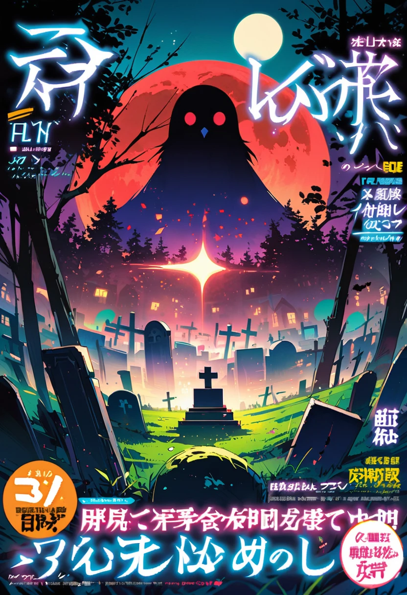 magazine cover,at night,in the cemetery,A red-eyed crow perched on a tombstone,Surrounded by dead trees,The sky is purple,A strange green light emanates from above the red moon,Tombstone in liquid,close up(8K)