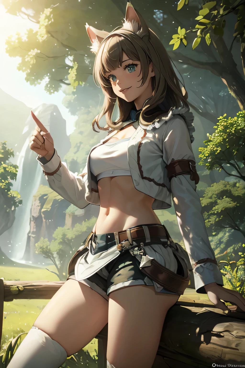 Fantasy setting, forest, spring, Green Eyes, 1 girl, solo, real, top quality, photorealistic, masterpiece, 8K, solo, hd face, soft lighting, ((daytime)), sky, (looking at camera, pointing into the distance), (portrait: 0.6), full-body, (medium hair), brown hair: 1.3, lips, bright smile, Floating hair, smiling wide, open mouth, Cat ears, tail, wild girl, Shorts, Druid girl,eyelashes, beautiful girl, Penis bulge,