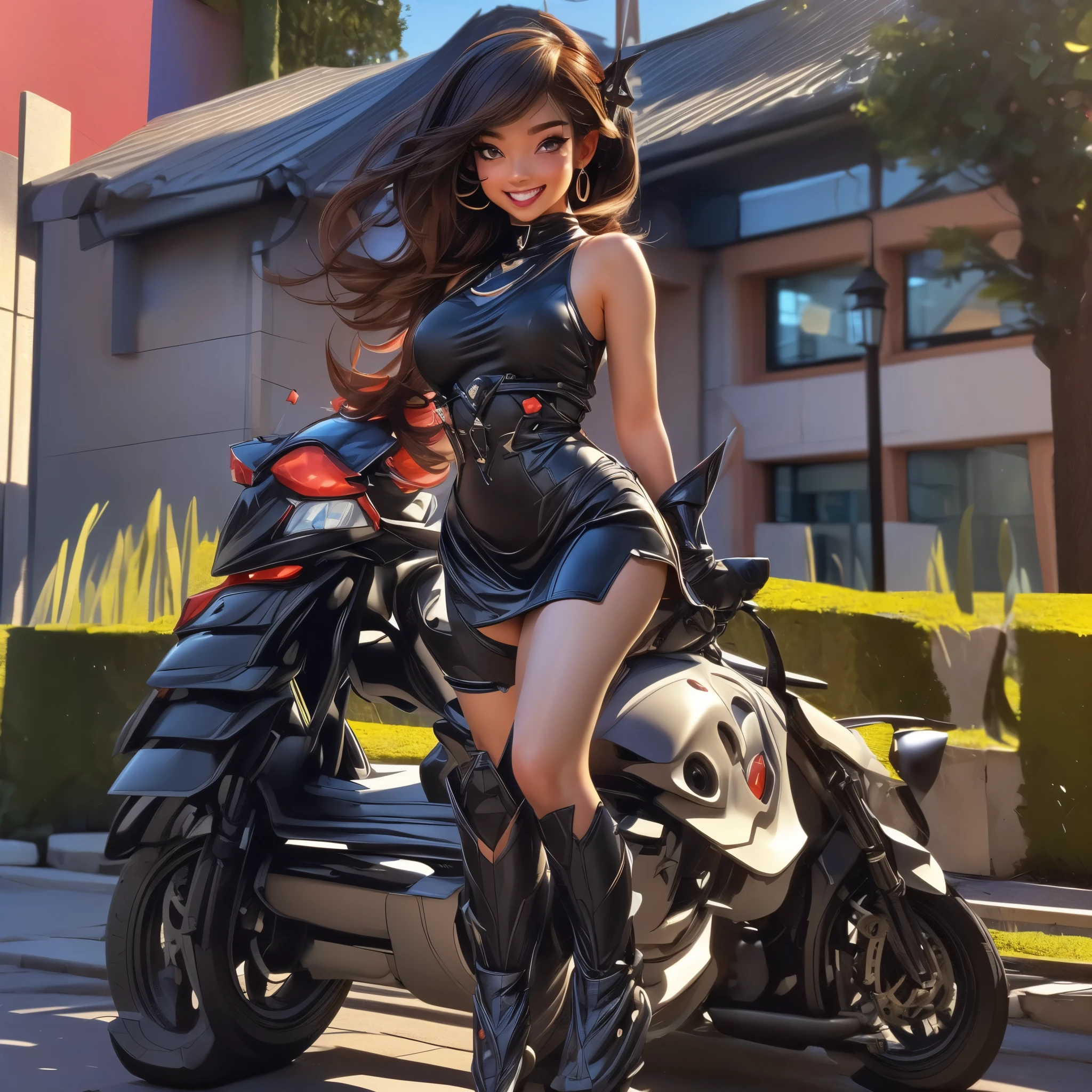 (best quality,4k,8k,highres,masterpiece:1.2),ultra-detailed, College Girl walking around college campus, wide hips, strutting her stuff, Smiling and laughing, Flirting with the viewer, HDR, 8k, absurdres, cinestill 800, sharp focus, add_detail:3 (solo woman) anime Villainess