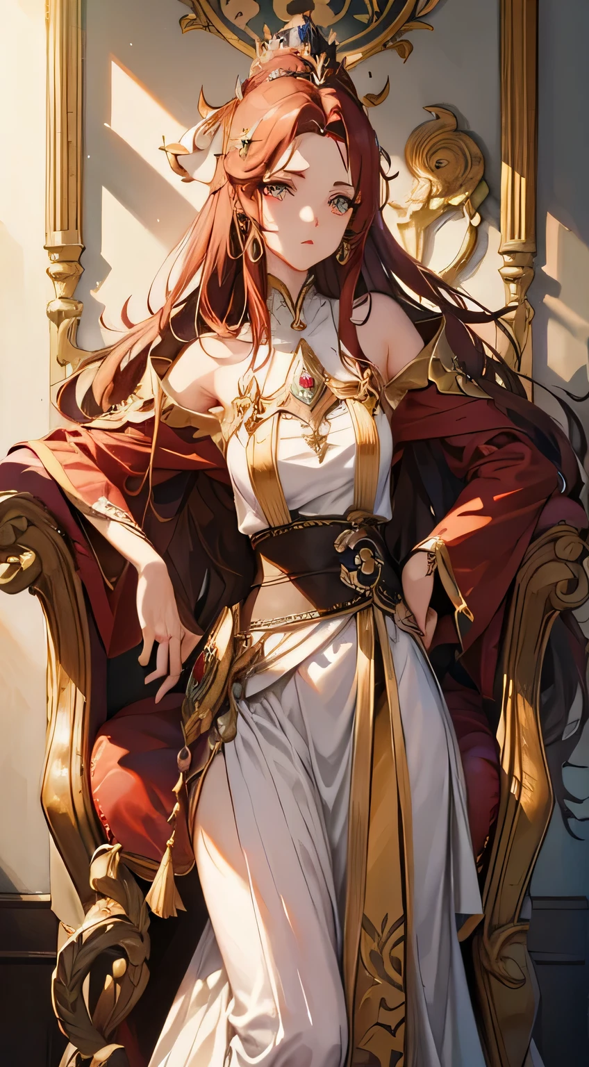 um close de uma mulher sentada em uma cadeira com cabelo ruivo, ((uma linda imperatriz de fantasia)), uma linda imperatriz de fantasia, portrait knights of the zodiac girl, linda pintura de personagem, cushart krenz arte chave feminino, pose elegante real, retrato de uma rainha elfa, deusa dos animes, epic and exquisite character art, keqing do impacto genshin