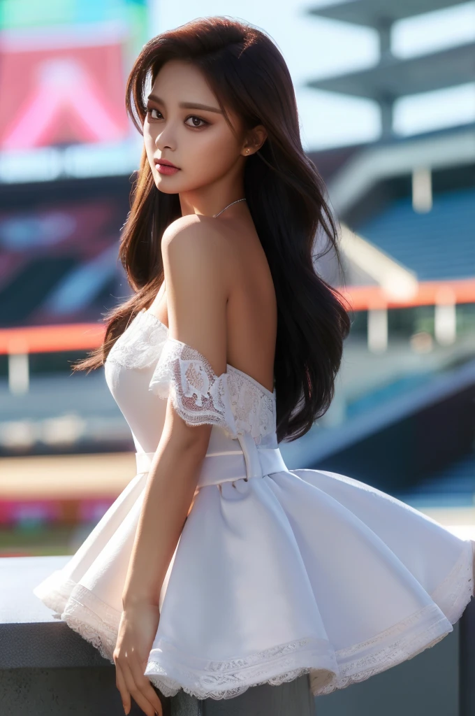 Tzuyu 1, woman, (realistic), (hyper realism), (photorealistic), Depth of the bounds written, eye make up:0.7 (whole body:1.2), (tight waist), looking at the viewer,at the racing track, lace queen, Sexy dress with open shoulders and chest