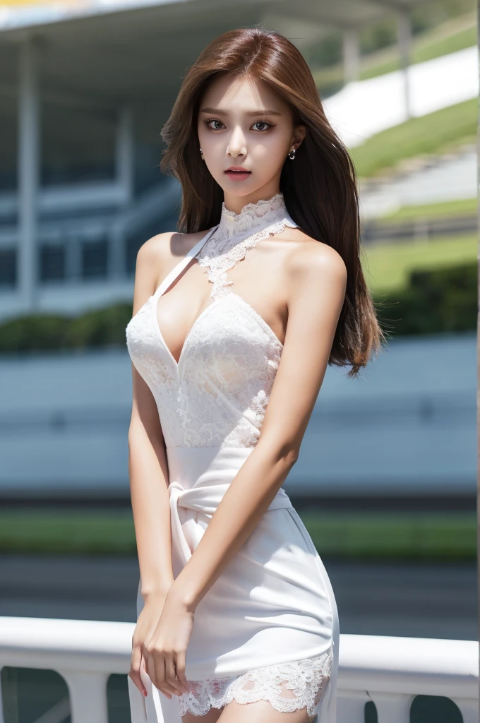 Tzuyu 1, woman, (realistic), (hyper realism), (photorealistic), Depth of the bounds written, eye make up:0.7 (whole body:1.2), (tight waist), looking at the viewer,at the racing track, lace queen, Sexy dress with open shoulders and chest