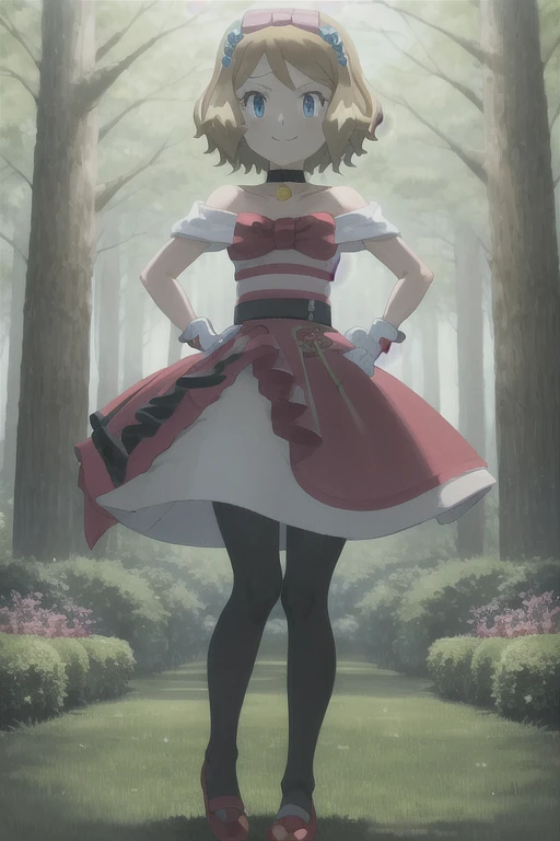 masterpiece, best quality, 1girl,serena \(pokemon\), short hair, blonde hair, blue eyes, eyelashes, black choker, hair bow, dress, collarbone, white gloves, brown pantyhose, red shoes, hands on hips, smile, looking at viewer, solo, forest background peeing on me 