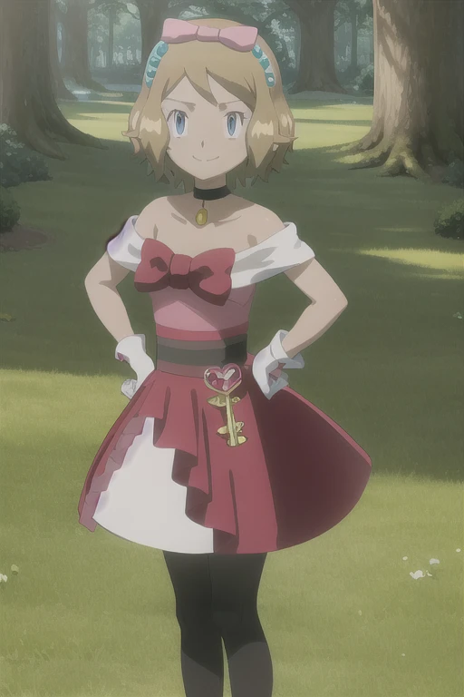 masterpiece, best quality, 1girl,serena \(pokemon\), short hair, blonde hair, blue eyes, eyelashes, black choker, hair bow, dress, collarbone, white gloves, brown pantyhose, red shoes, hands on hips, smile, looking at viewer, solo, forest background peeing on me