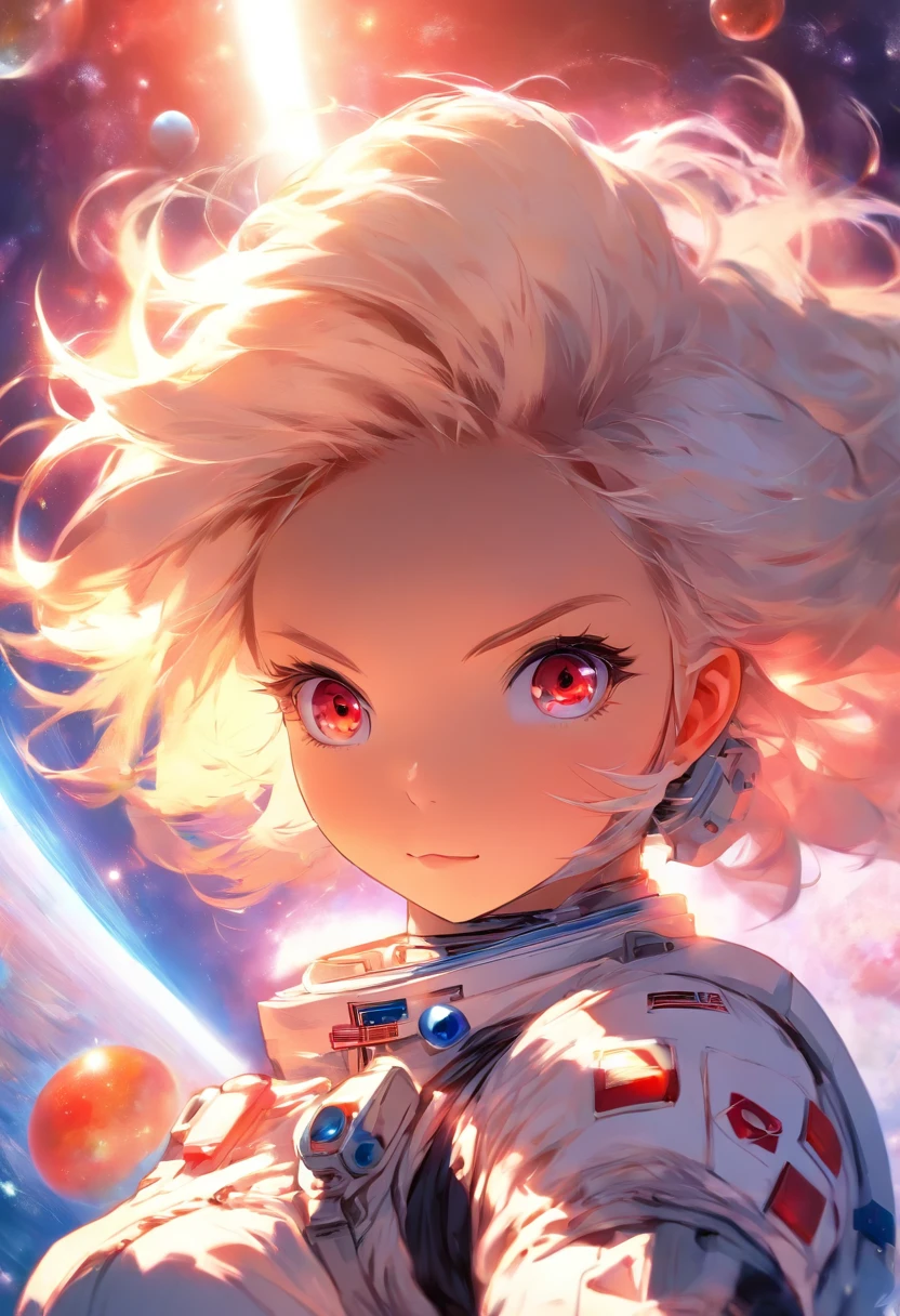 angle, depth of field, masterpiece, Best quality, 1 girl, White hair, Red eyes, long hair, в spaceе, air bubble, One, I look at the viewer, Sexy clothes, flight, space, Cosmonaut, spaceship, dappled sunlight,