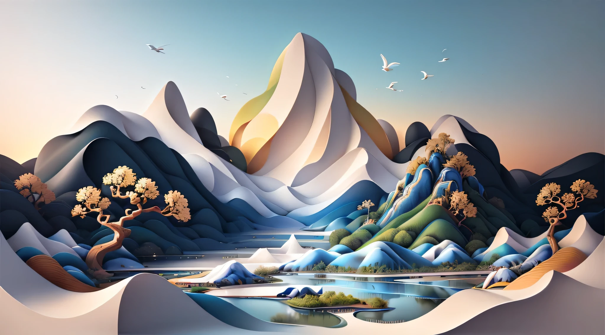 Traditional Chinese landscape painting, Thesis creation, 3D stereo rendering, Color gradient from white to light blue, 4K resolution, Simple nature composition, :White background, Fresh and refined style. (:nature:)