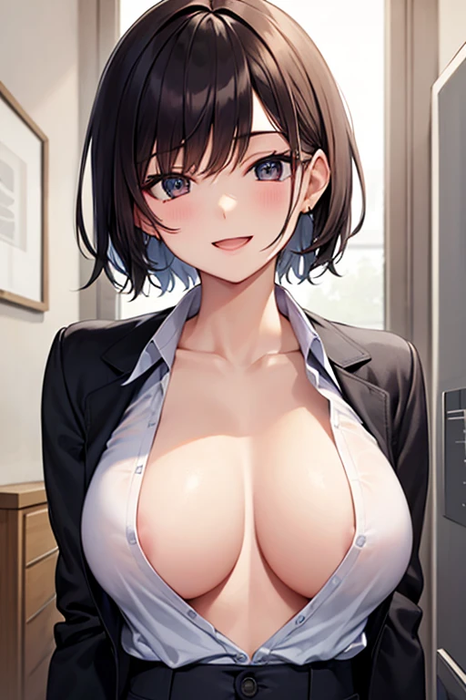 one woman, boyish, big breasts, masterpiece, highest quality, high school girl, beautiful breasts, open shirt, short hair, Upper body, smile, open your mouth,