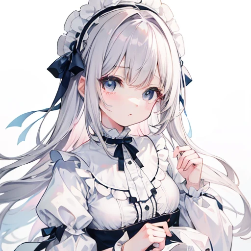 Grayish Pink、very smooth hair，Wearing white and pale blue ta，It looks light，Milky cry，very cute，She is a cute girl with a kind disposition.