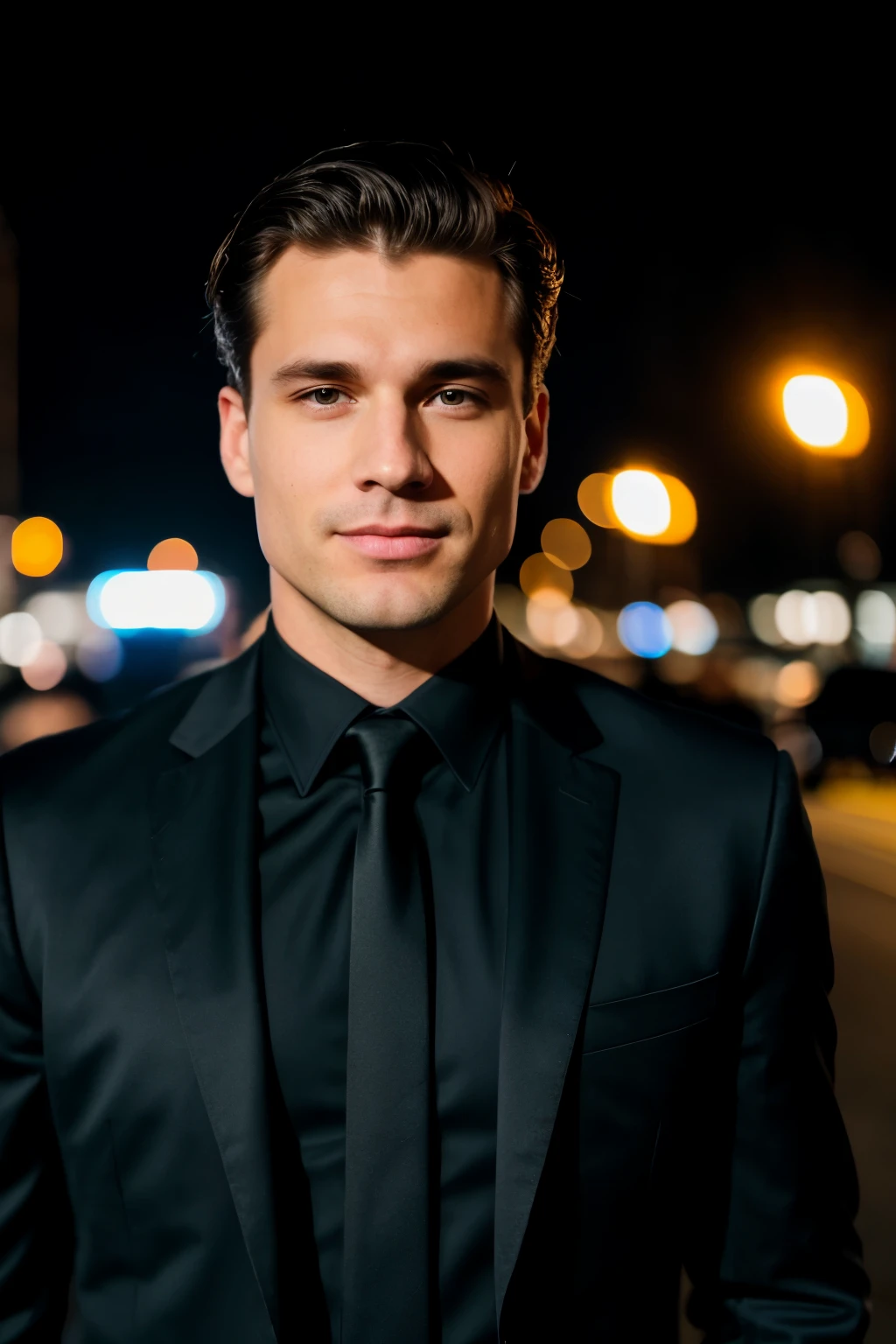 not a close-up of the face of a Caucasian man in black clothes, Night City Street, Boke