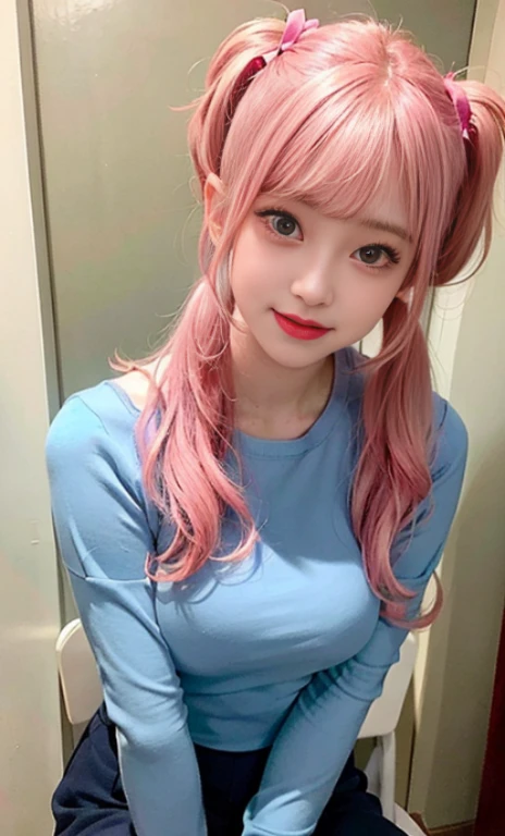 (Raw photo:1.2)、Full body photo、Professional full body photo、highest quality、beautiful detailed girl、laughter、Idol、highly detailed eyes and face、beautiful and fine eyes、huge file size、High resolution、8K wallpapenely、Bitch gal、gal、red lip、pink eyeliner、wallpaper、light shines on your face、movie lighting、19 year old girl、Idol pose、(photorealism:1.4)、enlightenment、super detail、masterpiece、light blue space suit(gundam pilot suit、Gundam SEED pilot suit)、Hair length that does not reach shoulders(bob hair、twin tails、pink hairstyle、pink hair、emerald green fur hair tie)