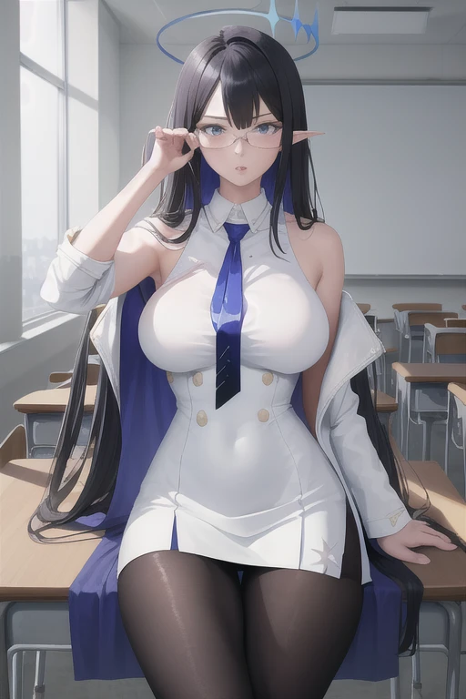 masterpiece, best quality, 1girl, solo, standing, rin, halo, sleeveless, necktie, white dress, pantyhose, mature female, parted lips, white jacket, glasses, wide hips, hand to own face, adjusting eyewear, classroom, looking at viewer, large breasts, legs, sitting,