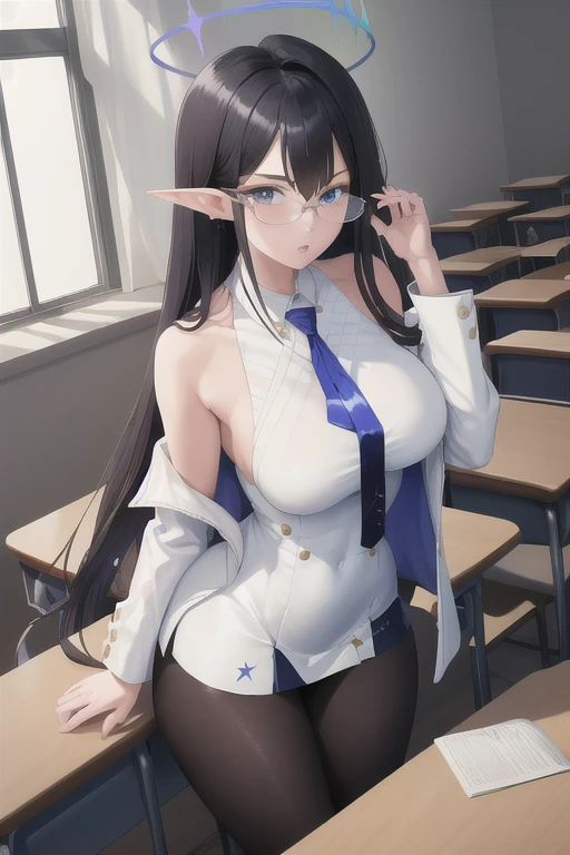 masterpiece, best quality, 1girl, solo, standing, rin, halo, sleeveless, necktie, white dress, pantyhose, mature female, parted lips, white jacket, glasses, wide hips, hand to own face, adjusting eyewear, classroom, looking at viewer, large breasts, legs, sitting,