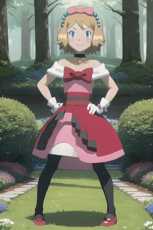 masterpiece, best quality, 1girl,serena \(pokemon\), short hair, blonde hair, blue eyes, eyelashes, black choker, hair bow, dress, collarbone, white gloves, brown pantyhose, red shoes, hands on hips, smile, looking at viewer, solo, forest background, using a toilet