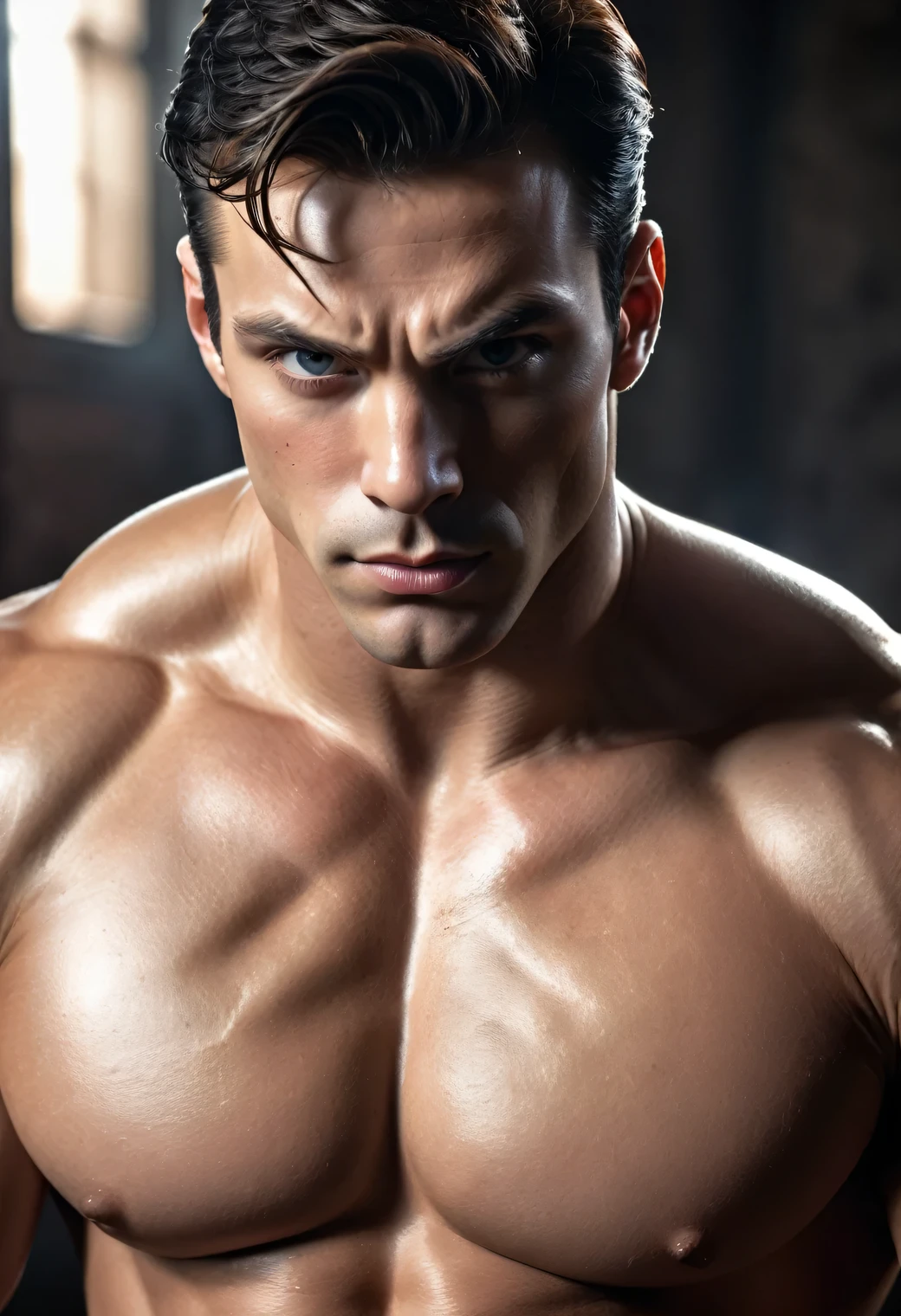 Photo RAW portrait handsome super man, piercing gaze, high quality textures, high quality shadows, high detail, beautiful detail, fine detail, extremely detailed computer graphics, detailed textures, realistic faces, atmosphere of fear and unease, sensual moment from the point of view of someone in a close embrace with a y, muscular man