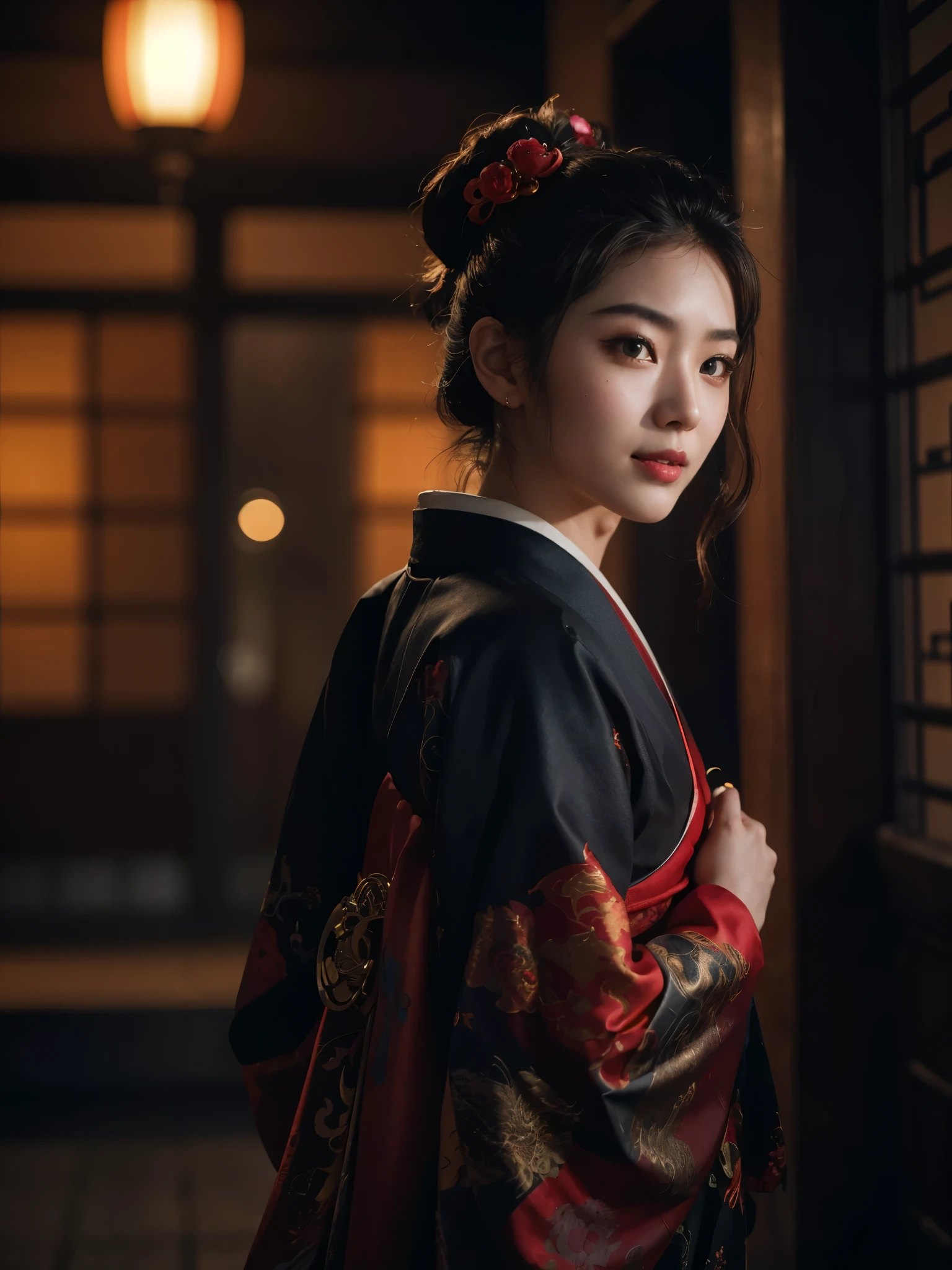 8k Uhd, Dslr,Film Grain, Fujifilm XT3,(Best Quality:1.3), (Masterpiece:1.1), High Resolution, Cinematic Light, Intricate Details, (Photorealistic) (night scene) a realistic backlight dramatic red tone light photography full body of a beautiful japanese geisha girl, ((facial texture pore detail)), grin demonic smile, simple messy hairdo, wearing satin black kimono with traditional dragon motif, open shoulder, full body colourful dragon tattoo, holding long katana blade, inside traditional villa, 8K, bokeh foreground