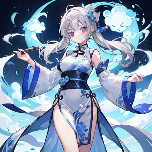 gray hair、very smooth hair，Wearing a blue Chinese dress，It looks light，Milky cry，very cute，She is a cute girl with a kind disposition.、draw a clear line