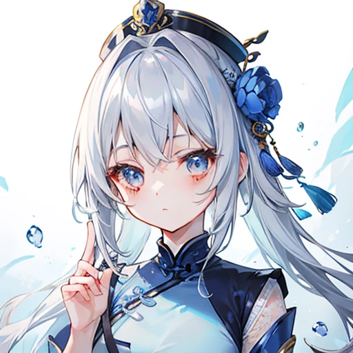 gray hair、very smooth hair,Wearing a blue Chinese dress,It looks light,Milky cry,very cute,She is a cute girl with a kind disposition.、draw a clear line