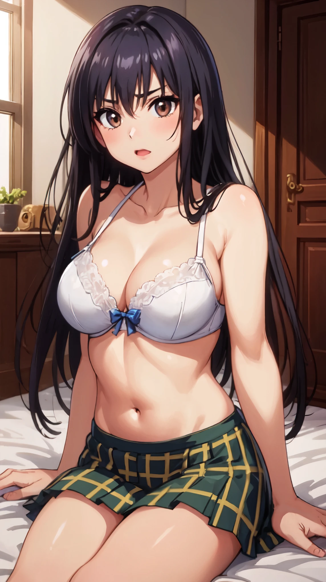 (masterpiece,Highest image quality,highest quality:1.3),(8k:1.4), defYui,,(slender:1.3),(white lace underwear:1.3), plaid mini skirt,belly button, slender waist,(beautiful neck,beautiful clavicle:1.3),(brown eyes),big breasts, vivid color,(indoor, Bedroom;1.3), blue sky, sitting on the bed,(embarrassing), not looking at the audience, cowboy shot, head tilt