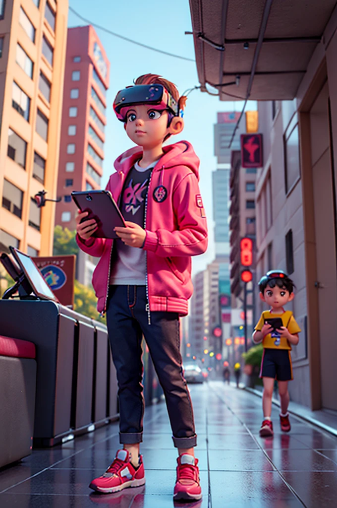 a young and modern boy wearing a virtual reality headset and holding a tablet, an anthropomorphic cyberpunk boy, 1 boy, digital boy, wearing stylish clothes, in the style of futuristic sci-fi cyberpunk, in a cybercity, simple hairstyle, ultra high quality, 4k, 3D rendering