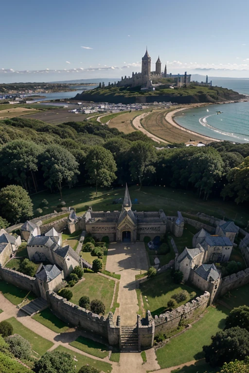a white/blue/gold fantasy middle-earth Tolkien-like palace overlooking a bay with ancient sailing ships and wharf, a walled town surrounding the palace; a temple on the closely adjacent hill to left and a tall tower on closely adjacent hill to the right; seen from below and from a distance on a mud road leading through fields in front and a forest on the other