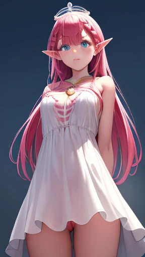 Elf，Mafuyu Cherissu, Midwinter Kiriku, (blue eyes, braid, long hair, twin braids, pink hair), nude, (cat:1.2)
rest , (magic dress), crown, (Magical girl), permanent, (view from below), ((arms behind back)), No magic skirt, wild lift, no panties
rest looking at viewer,
rest, street,
rest (masterpiece:1.2), best quality, High resolution, unified 8k wallpaper, (illustration:0.8), (Beautiful and delicate eyes:1.6), extremely detailed face, perfect lighting, Extremely detailed CG, (perfect hands, perfect anatomy),exposed生殖器，exposed，No clothes on the upper body，No clothes on the lower body，Yuzu，naked