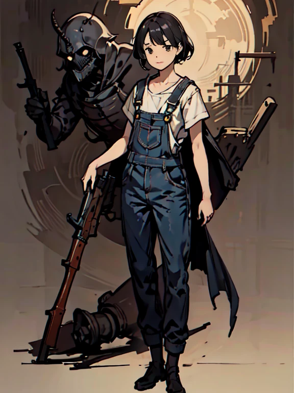 (masterpiece), (High resolution), (super delicate), (masterpiece: 1.2, highest quality), full body,(snap shot), flat illustration, creepy appearance, Unique atmosphere、Girl wearing overalls、Has a machine gun、coveralls

