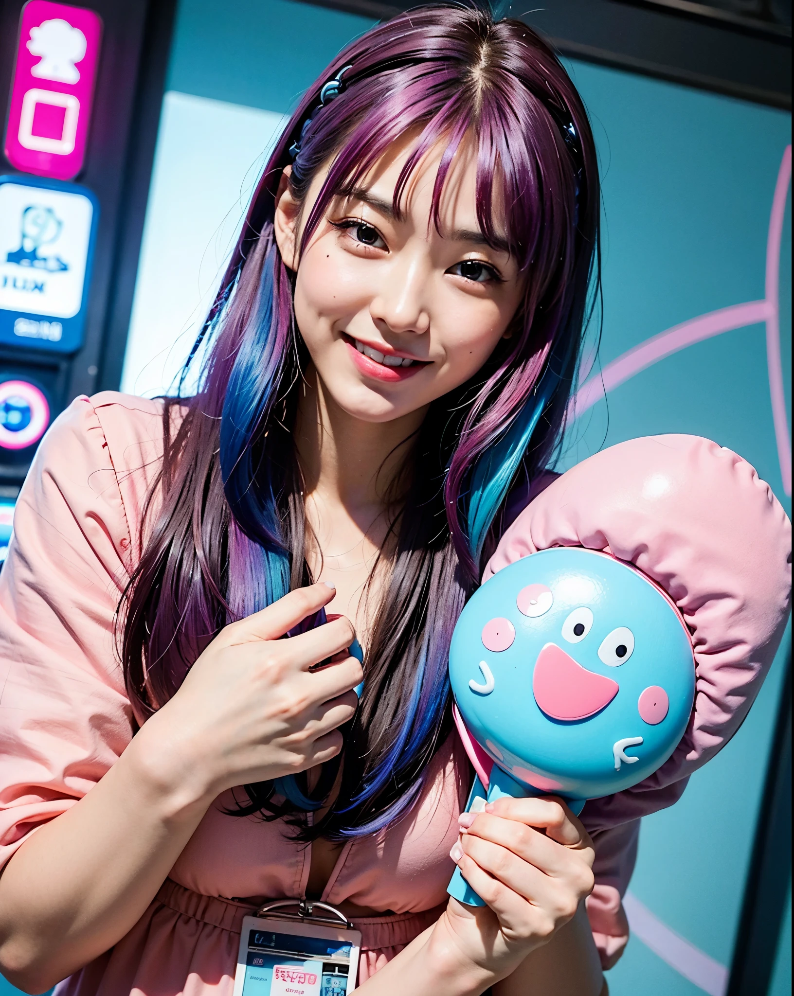 (masterpiece, top quality, best quality, official art, beautiful and aesthetic:1.2), (picturereal:1.5), One girl holding a bunch of candy in her hands and a candy machine on a pink background with stars, upper body,smiling rest alice prince, picture, detailed pictures, pop surrealism, (neon color hair:1.5),strong wind,Giant Marshmallow Candy Machine Break Sewing, complex design, fiber arts, handmade details, creative expression, colorful thread, cyberpunk, Neodada BREAK, smile