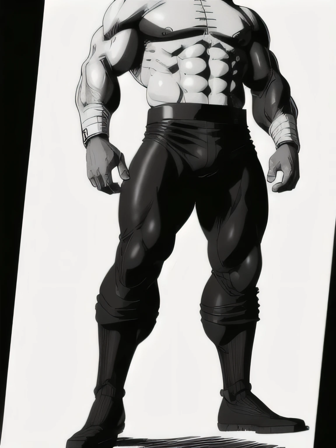 best quality, high resolution, manga, monochrome, handwritten style, allmight, hunk, wet clothes, from below, arms folded, ((only wearing a black pants, faintly visible internal structure: 1.2))