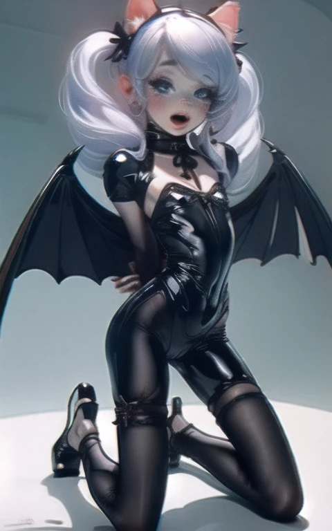 masterpiece,1girl,solo,cat ears,twintails, hair over one eye, demon_wings,small breasts, blue_eyes, blush,open mouth, low wings, torn legwear, (kneeling:1.3),bound arms, ((bondage)),shibari,rope,(arms behind back:1.4),indoors,