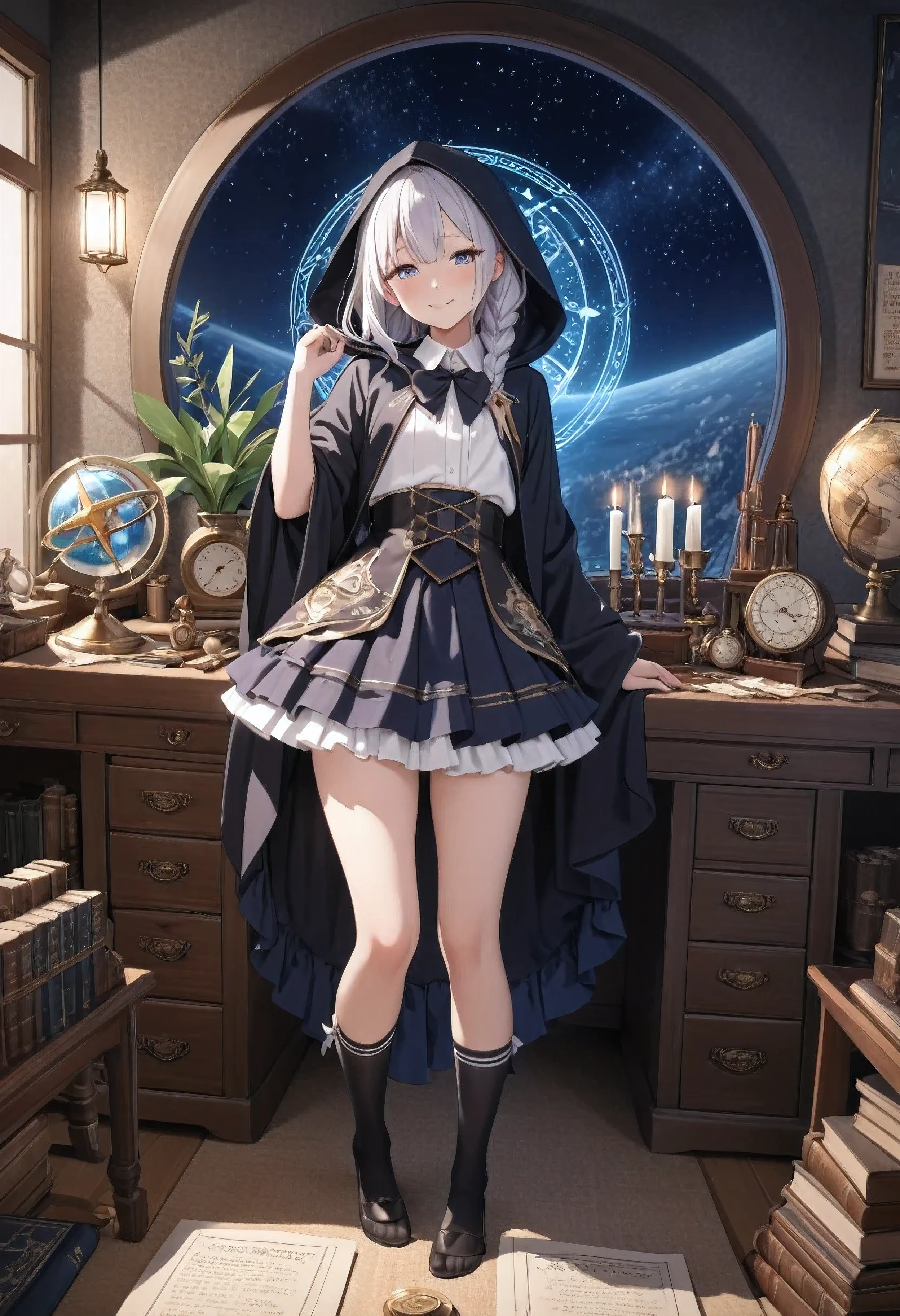 NSFW, masterpiece, highest quality, Japanese, A beautiful and adorable  girl, 150cm tall, Spell casting alchemist, Hogwarts students, The girl is enduring bullying., Noble Lady, ring-shaped eyes, Calm, half closed eyes, thin body, slim waist, flat chest, baby face, bbon, ((wearing clothes)), shiny skin, shiny hair, bright hair, List, Braid, happy smile, (A laboratory desk with many alchemy tools on it, medicine, Try medicine, Specimen, Bottle, scroll), A pile of expensive books, Antique Globe, Celestial globe, Old compass, old clock, curio, quill pen, Libra, A very elaborate and expensive wizard&#39;s outfit, Beautiful ruffled skirt、Very elaborate and expensive wizard&#39;s robes, Absolute area, wearing a hood, Wizard&#39;s Staff, (leg wear), Summoning array, magic circle, embarrassing, blush, embarrassing, dramatic shadows, candle light, glowing plants, night, midnight, dark, (dark room, old room), starry sky, beautiful fantasic night view, Super detailed, Beautiful detailed eyes and face, High resolution, UHD, perfect anatomy, perfect fingers, highly detailed landscape, highly detailed background, perspective, Depth of the bounds written, dramatic, in the atmosphere, No correction,  