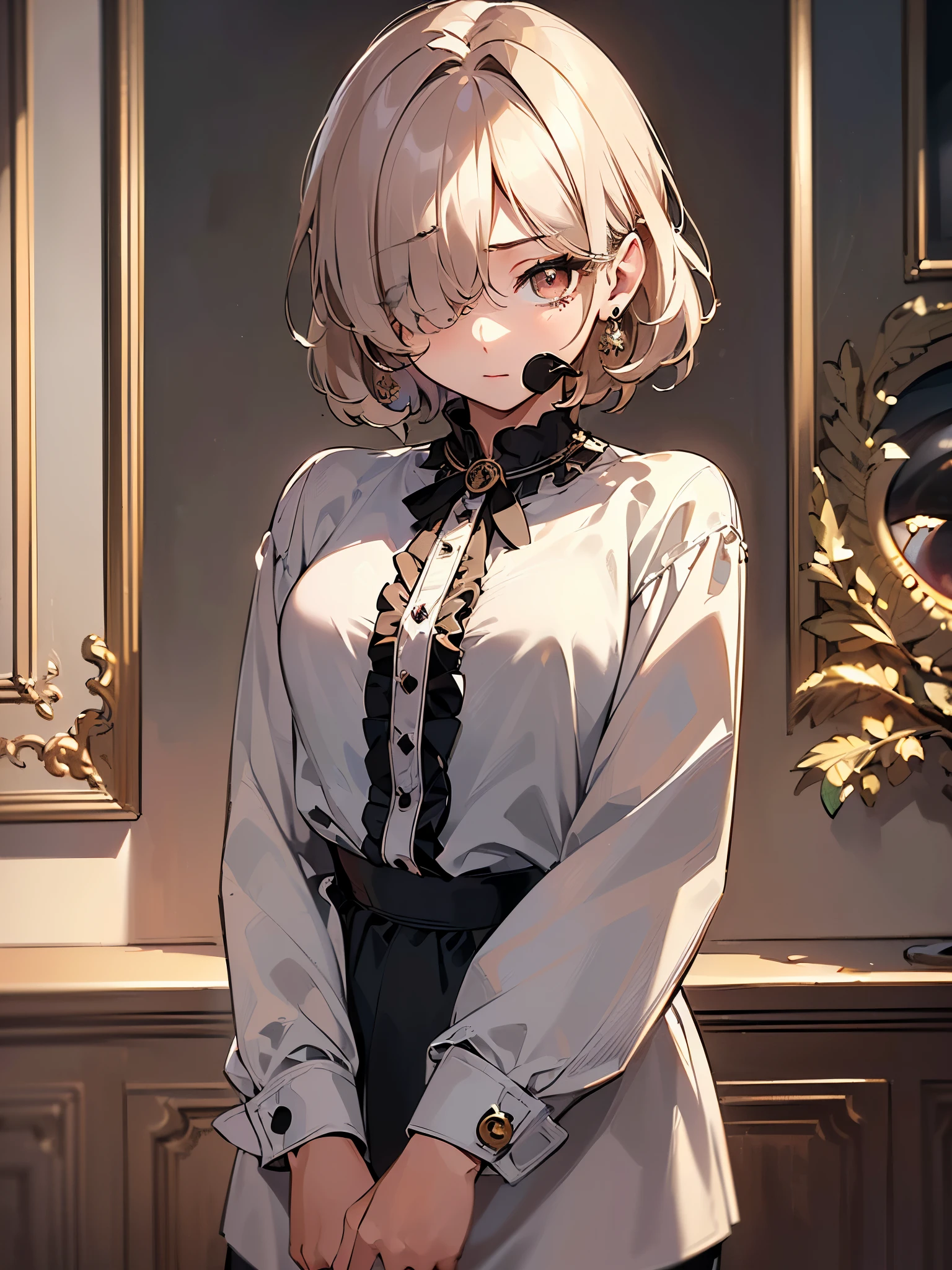 ((highest quality)),(ultra high resolution),(Super detailed),(detailed description),((best CG)),(best work of art),super precision art,Amazing drawing art,(Art with precise details:1.5), (adult women:1.6),(Hidden in one eye:1.8),Intellectual,(blouse:1.4),Narrow breast:1.5,small earrings:1.3,Hidden in one eye:1.5
