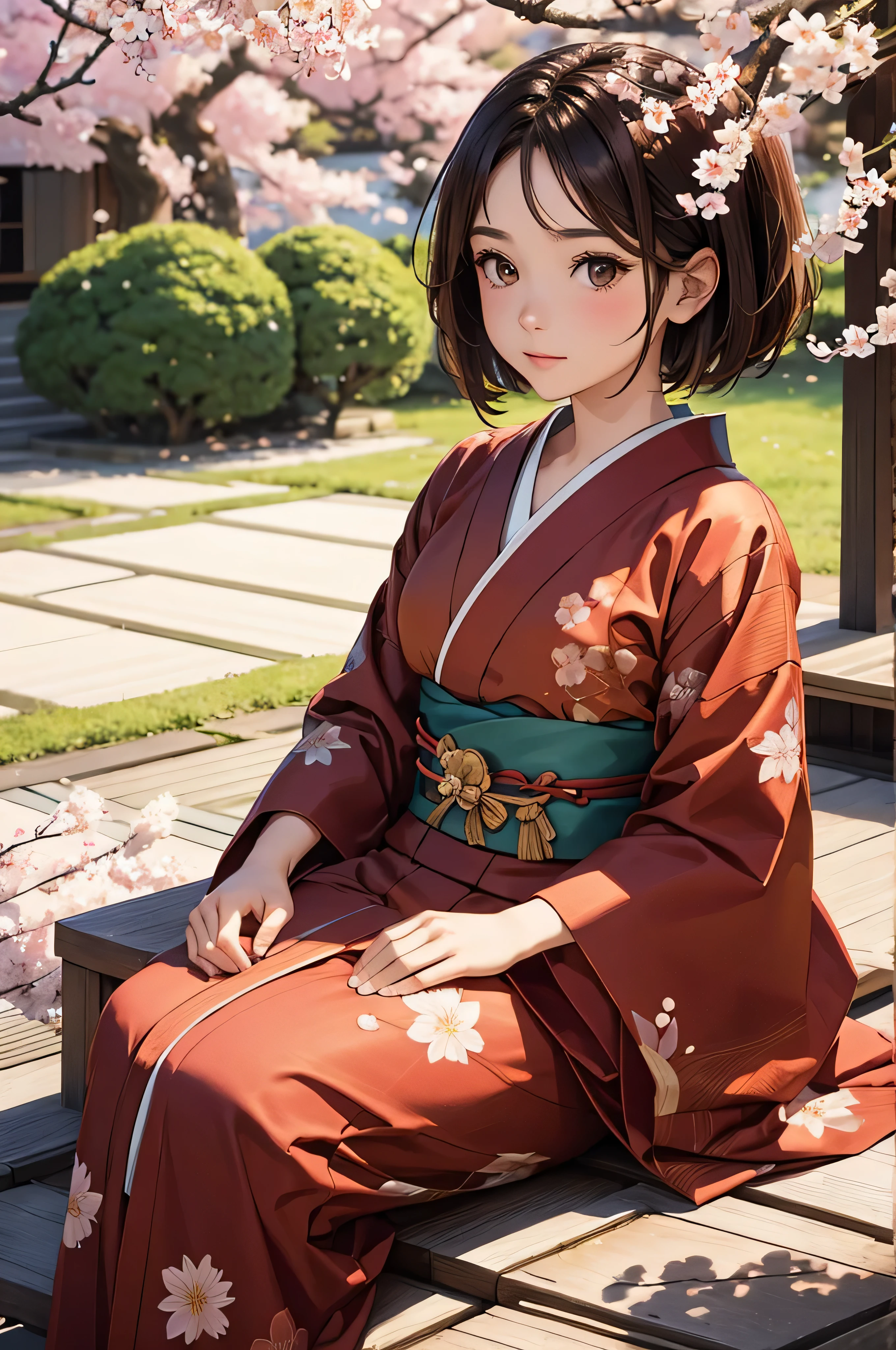 A young  with short brown hair and brown eyes sitting wearing a traditional japanese kimono and surrounded by sakura trees
