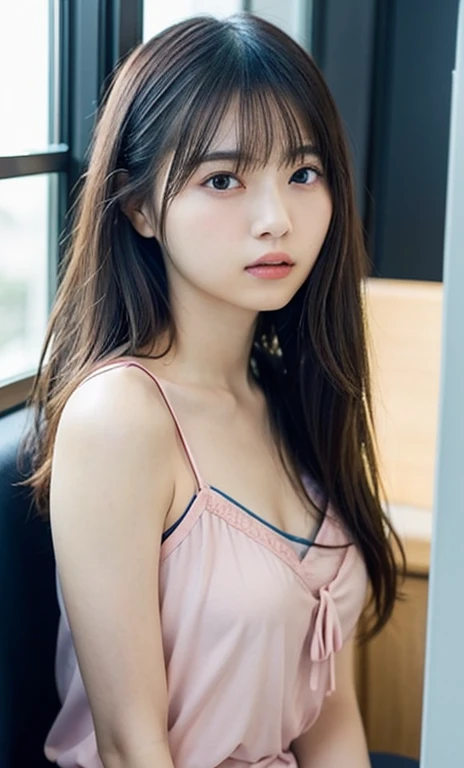 masterpiece、highest quality、16K、High resolution、UHD,Depth of the bounds written、very detailed、soft light、professional lighting、Pale shading、Weak contrast、Japanese、beautiful girl、Slender woman、daytime office、Window seat、sitting in front of the computer、A tight pastel-colored camisole that clings to the breasts、navy pleated skirt、micro mooth and beautiful thighs:1.6)、(small breast:1.0)、Faint cleavage、fine and beautiful eyes、(hanging eyes)、(thin eyebrows)、(thin lips)、gentle smile、(long wavy hair、high ponytail),(The bangs are see-through bangs)、