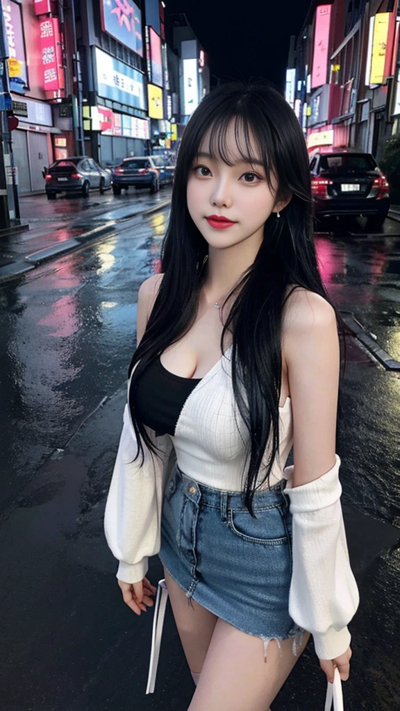 highest quality, masterpiece, shape, realistic, photo-realistic, wonderful, finely, Super detailed, High resolution, very detailed, unity 8k wallpaper, Full body shot of a beautiful young woman with Korean-style features resembling a popular actress. black tank top, black mini skirt, white sneakers, normal breasts, thin, Her exposed skin glistens with heavy raindrops.. She has pink and bluish eyeshadow, bangs,medium hair, head, and arms. Standing and looking at me。confident look, cityscape at night., Alleys in Tokyo, Heavy rain and puddles reflecting. Uses ray tracing and volumetric lighting.
narrow eyes, 細長い目のshape, evil smile, evil look, Very slender and beautiful legs, Beautiful very thin thighs, earrings,