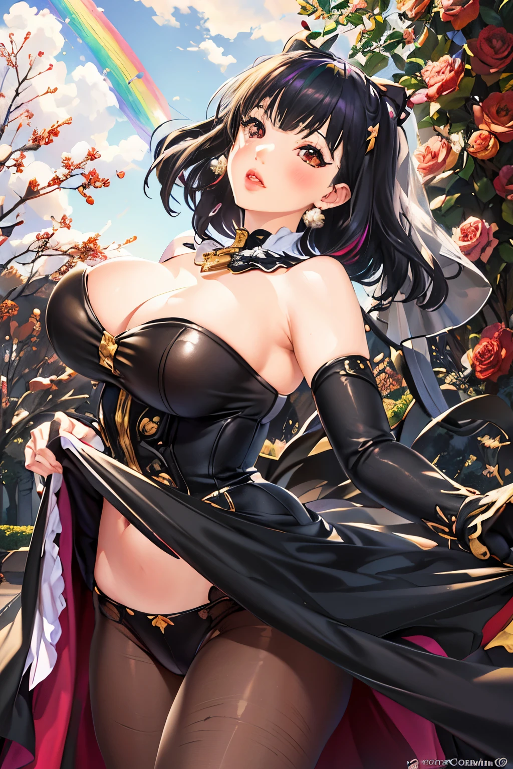 ,((long hair slightly wavy slightly past the shoulders, black bangs, small black pigtails on the sides, cute cat ears, beautiful thin red eyes,)),,(((SFW))), (1.femele, Solo), 8K, ((mesa)),(((de primera calidad))),((ultra detallado)),((((realista)))), Fotorrealista:1.37, (Un hiperrealista), (Lightning), (high resolution), (muy detallado), (The best Lightningns), (ultra detailed細), (muro-), (cara detallada), (Hermoso expression), ((Details of primera calidad skin:1.2)), ((rubor rojizo)), (ultra detailed細な背景, antecedentes detallados), (Hermoso and aesthetic: 1.2), Extremadamente detallado, chica albina,(Fractal Art:1.1),(vistoso:1.1)(Flor rosa:1.3),more detailed,(PerfectNwsjMajic,arte oficial, Hermoso and aesthetic:1.2), (vistoso,Hermoso and aesthetic, Hermoso), (free angle posture), (El fondo es tridimensional.:1.3), (vestido de novia:1.2), (piel brillante), (Colores del arcoiris:1.4), ,(pendientes:1.4), Levanta el dobladillo de tu falda con las manos., mirada al espectador