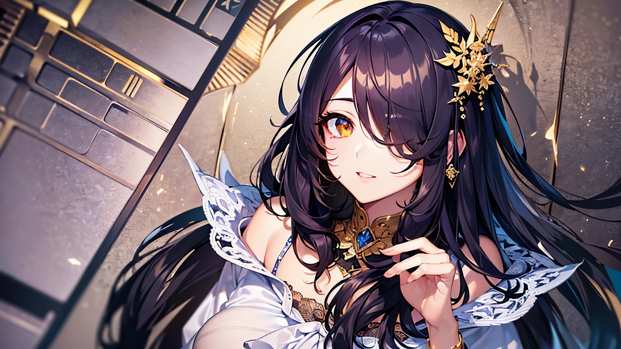 ((highest quality)),(ultra high resolution),(Super detailed),(detailed description),((best CG)),(best work of art),super precision art,Amazing drawing art,(Art with precise details:1.5), (adult women:1.6),(Hidden in one eye:1.8),Intellectual,(blouse:1.4),Narrow breast:1.5,small earrings:1.3,Hidden in one eye:1.5