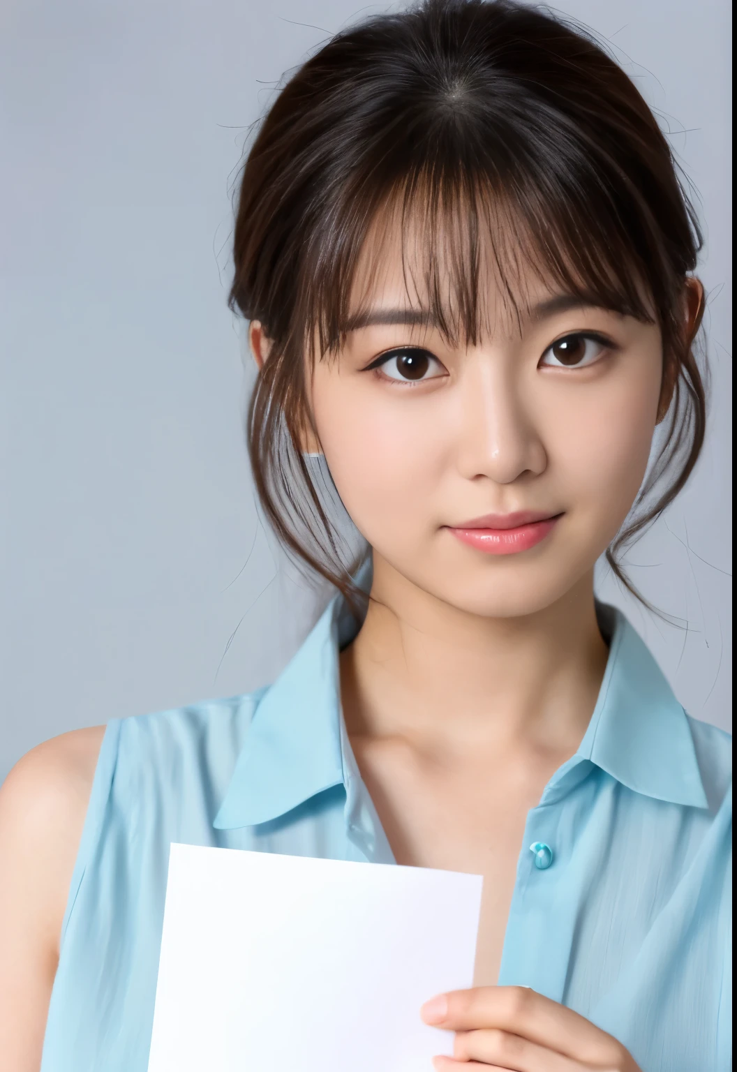 (highest quality, 4k, masterpiece: 1.3), ((highest quality)), ((masterpiece)), (be familiar with), A Japanese woman in her 30s holding a white piece of paper in front of her,A clean shirt,upper body close-up,background is white,Studio Lighting,