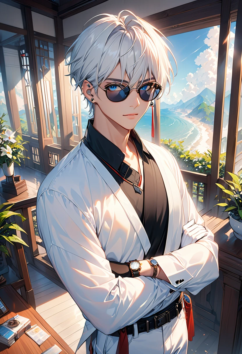 FF,(masterpiece:1.2),best quality,highres,extremely detailed CG,perfect lighting,8k wallpaper,anime,comic,game CG,1boy, male focus, shirt, blue eyes, white hair, sunglasses, watch, short hair, belt, wristwatch, white shirt, hair between eyes, looking at viewer, solo, closed mouth, bangs, white pants, pants, collared shirt, ear piercing, piercing, cowboy shot, jewelry, gloves, crossed arms, earrings, white gloves, long sleeves, striped, black belt, upper body, gojou satoru, white jacket, jacket, standing, indoors