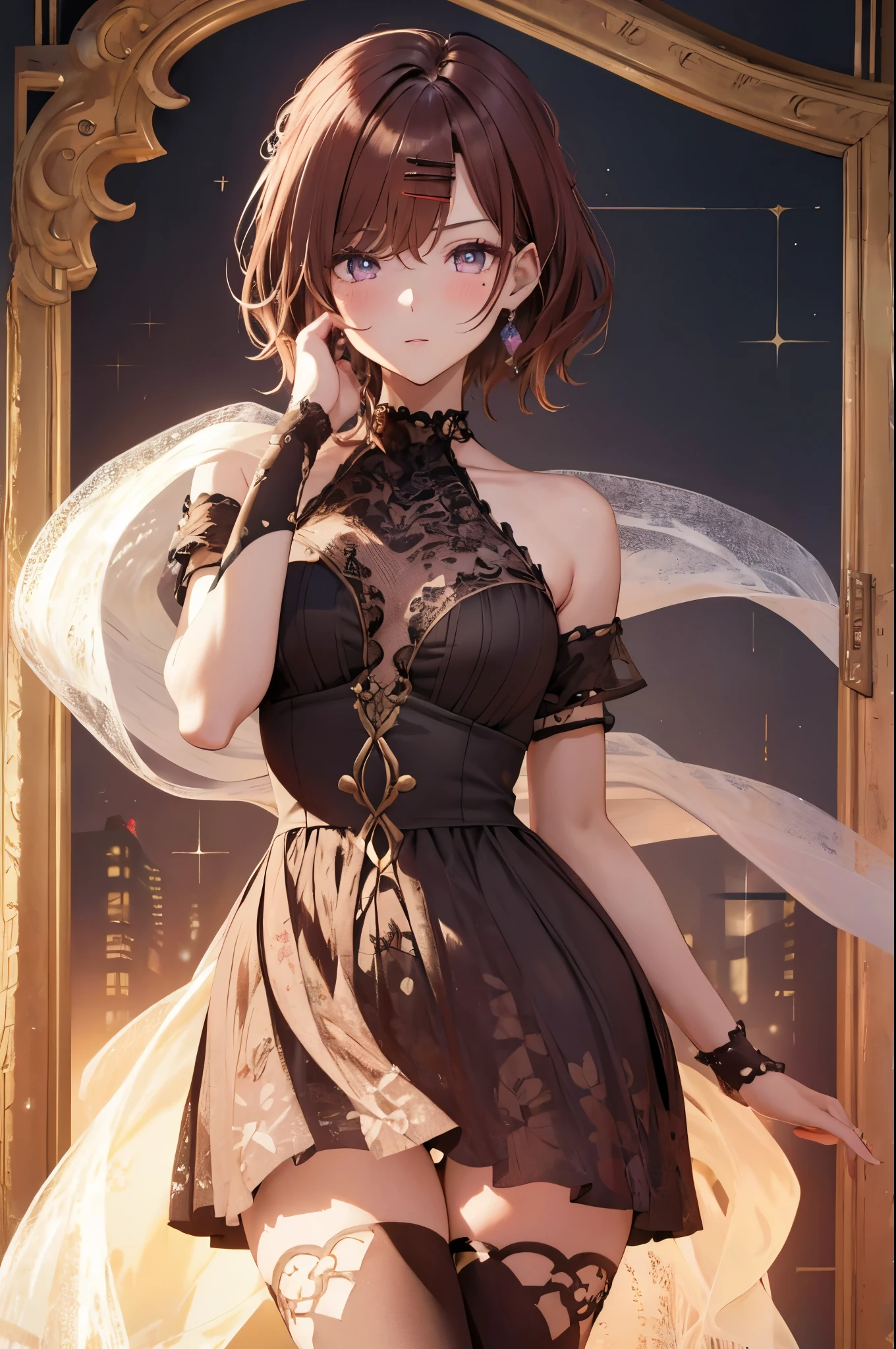 Illustration, anime style, (masterpiece, top quality, super detail, high resolution), perfect face, side lights, shiny skin, (bloom), (shine), lighting, ray tracing, 1girl, solo, short hair of black color, black moisturized eyes, summer short sleeves, hair bow, pink skirt, bow, pink bow, lips, upper body, curly hair, chest, parted lips, jewelry, depth_of_field, Very detailed background, very detailed background, masterpiece, super detail, great composition,dynamic angle,[bottle bottom],(wide shot), very delicate and beautiful,(best quality), (master work), depth of field, solo, extreme light and shadow, masterpiece, rich in detail, (fine features), (best quality), (masterpiece), (detail), (beautiful) detail, Beautiful Detail Eye,(Straight On), Upper Body,(Very Detail CG Unity 8k wallpaper),(Masterpiece), (Best Quality), (Super Detail)(Best Illustration)(Best Shadow),Perfect Lighting,Perfect Anatomy