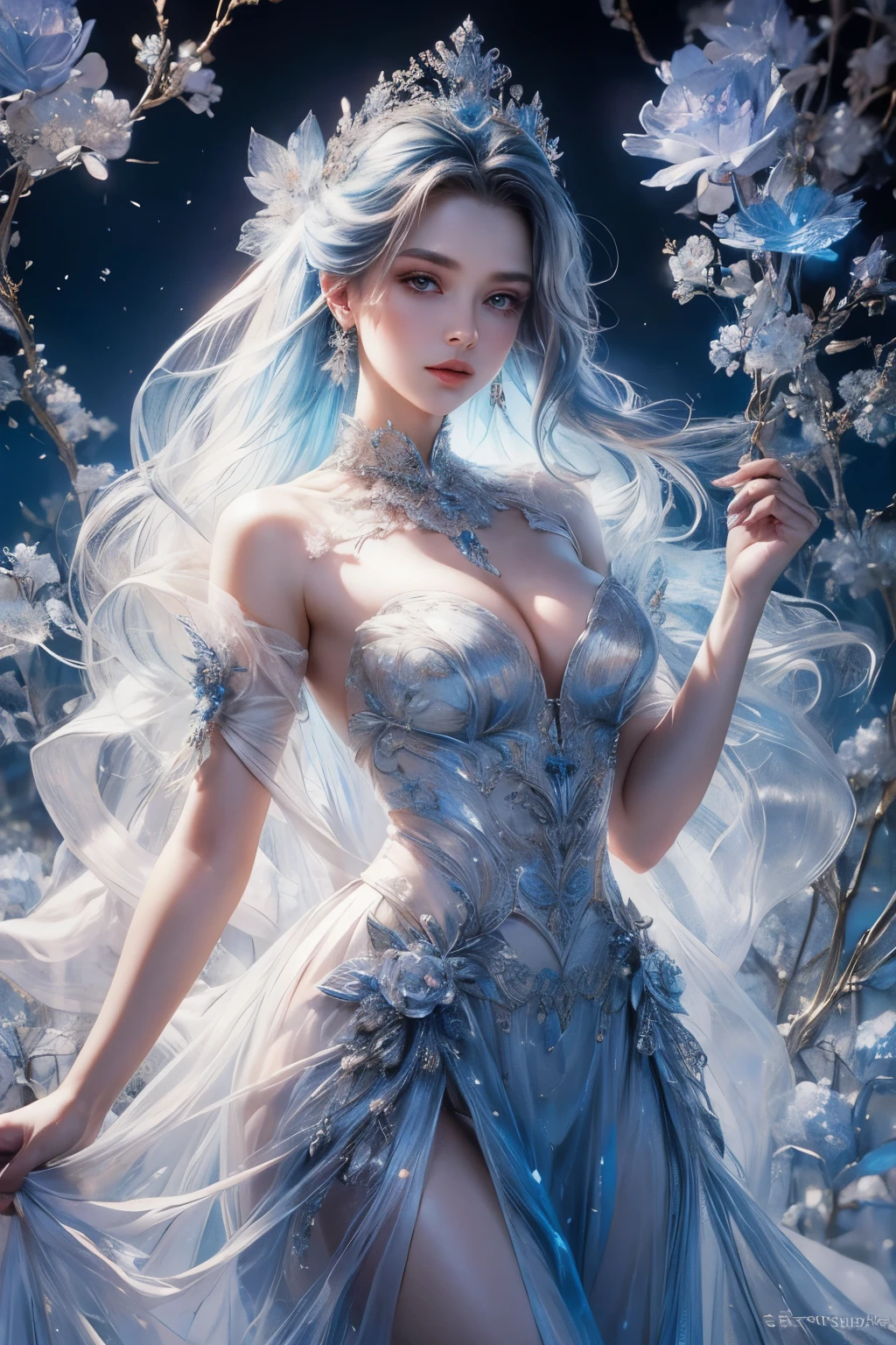 (top quality, 4K), Charming witch woman, Public Dress Code，Showing off the exquisitely designed princess dresses, Stately decorated with blue hues, Ultra-detailed description shows every detail, The tulle fabric is elegant and flowing, Brocade or velvet texture with sparkles, The exquisite headdress highlights her noble temperament, Blue gemstones and delicate silk thread decoration, Expressive and asymmetrical facial features, Clearly show fabric folds, A bright halo surrounds her, The moonlight flickered on her skirt, The incandescent atmosphere evokes the eternal, Ethereal charm.