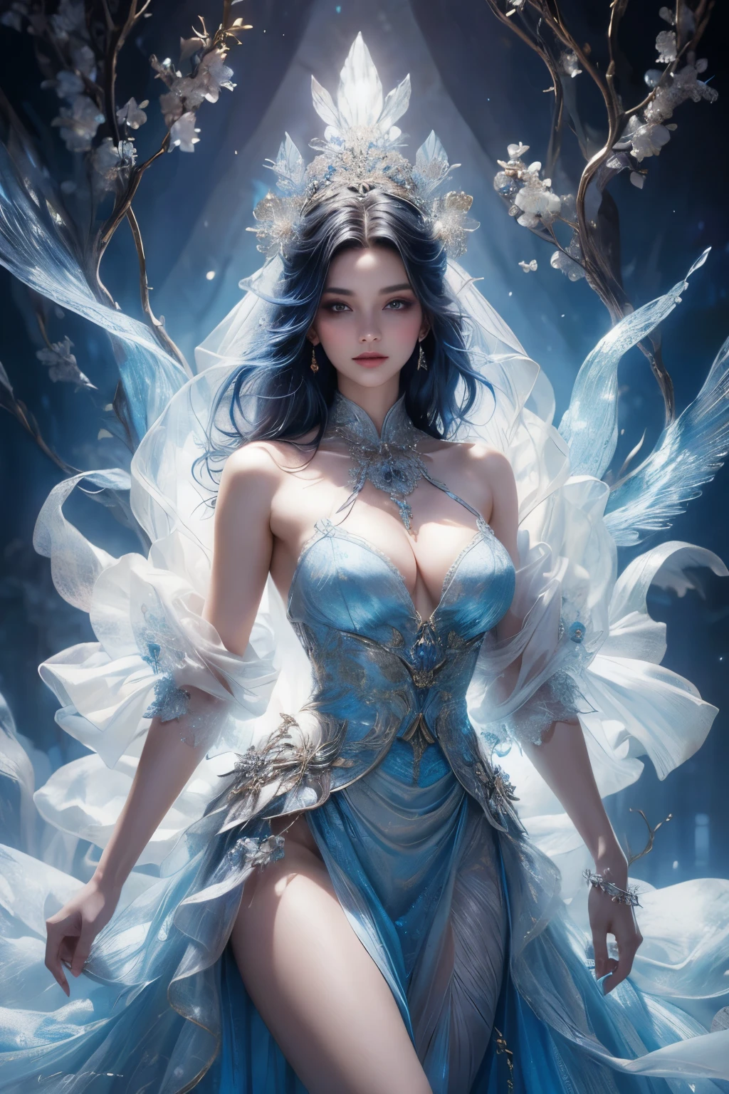 (top quality, 4K), Charming witch woman, Public Dress Code,Showing off the exquisitely designed princess dresses, Stately decorated with blue hues, Ultra-detailed description shows every detail, The tulle fabric is elegant and flowing, Brocade or velvet texture with sparkles, The exquisite headdress highlights her noble temperament, Blue gemstones and delicate silk thread decoration, Expressive and asymmetrical facial features, Clearly show fabric folds, A bright halo surrounds her, The moonlight flickered on her skirt, The incandescent atmosphere evokes the eternal, Ethereal charm.