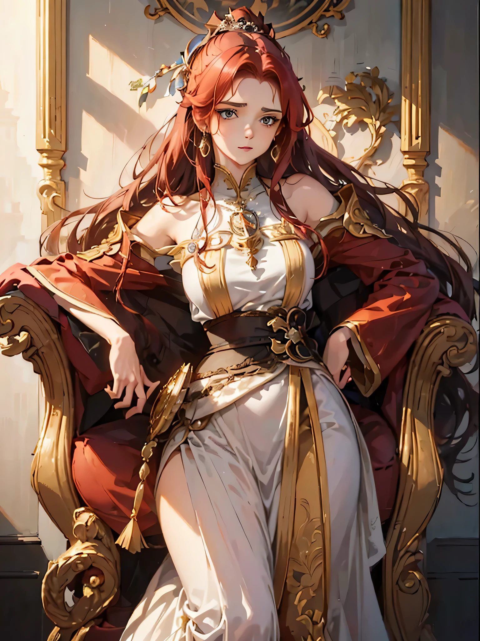 um close de uma mulher sentada em uma cadeira com cabelo ruivo, ((uma linda imperatriz de fantasia)), uma linda imperatriz de fantasia, Knights of the Zodiac Portrait, linda pintura de personagem, cushart krenz arte chave feminino, Pose elegante real, retrato de uma rainha elfa, deusa dos animes, epic and exquisite character art, keqing do impacto genshin