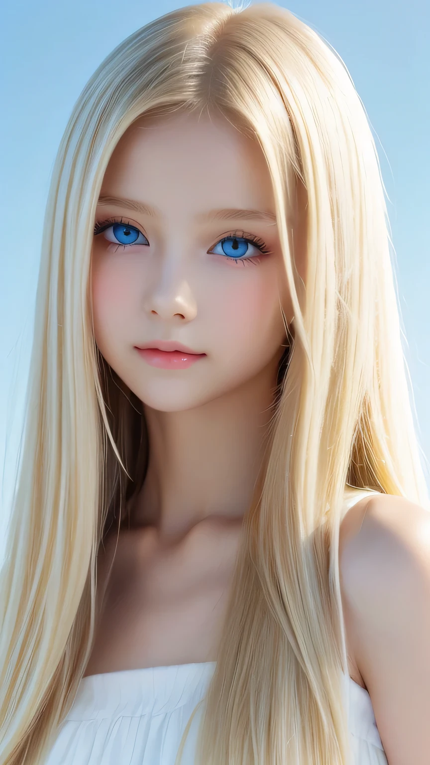 Super long, silky blonde hair、very cute beautiful sexy girl、So perfect beautiful cute face、Clear, beautiful, bright, pale sky blue eyes、white glossy skin、gross face、cheek gloss、A peerless beautiful girl