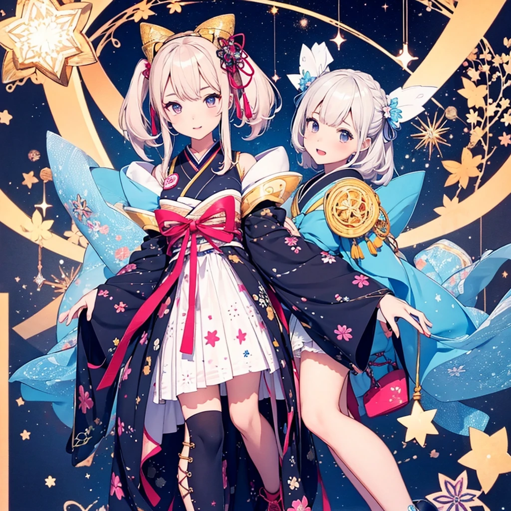 1girl、vtuber-fullbody、Star Fairy、masterpiece、official art、Super detailed、super beautiful、かわいいStar Fairy、white straight short hair、Milky Way、universe、star charm、star、baby face、Knee-high boots、Japanese pattern dress、A beautiful girl wearing black and white clothes that are a remake of a yukata.、universeを思わせるOiranフリルドレス、Oiran
